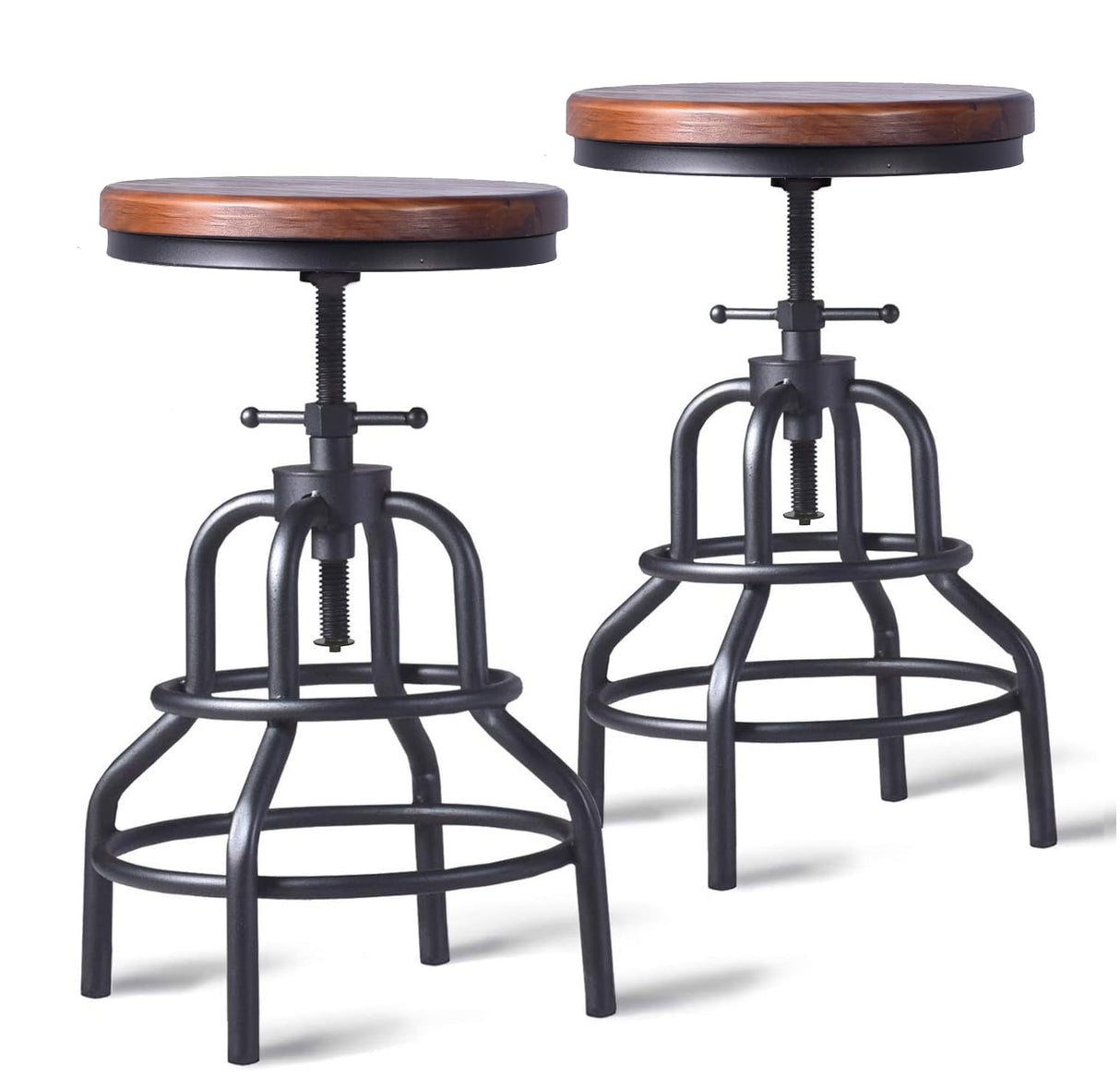 LOKKHAN Vintage Industrial Bar Stool-Rustic Swivel Bar Stool-Round Wood Metal Stool-Kitchen Counter Height Adjustable Pipe Stool-Cast Steel Stool 20-27 Inch (Set of 2) LOKKHAN