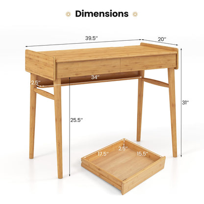 Giantex Computer Desk, 39.5" Bamboo Home Office Desk with 2 Storage Drawers and Open Shelf, Makeup Table Vanity Desk, Modern Writing Desk Computer Workstation for Bedroom, Study, Natural - WoodArtSupply