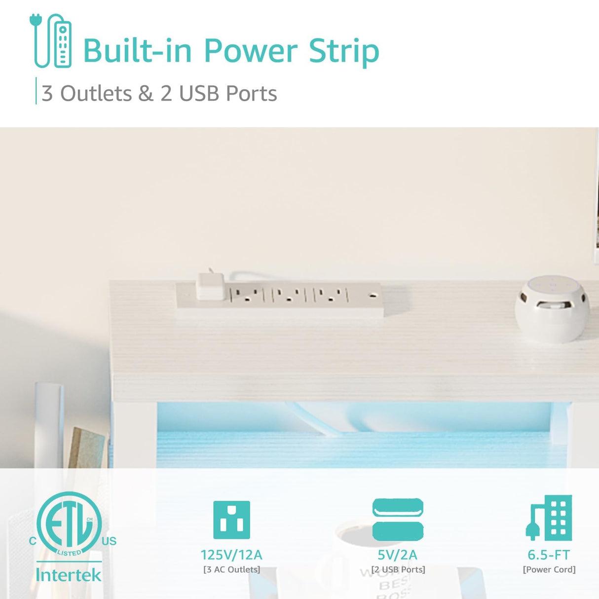 Lufeiya White Desk with 4 Drawers - 47 inch Gaming Desk with Monitor Stand, Computer Gaming Desk with LED Lights Power Outlets and Storage Bag Fabric Drawer for Home Office, Bedroom, White Lufeiya