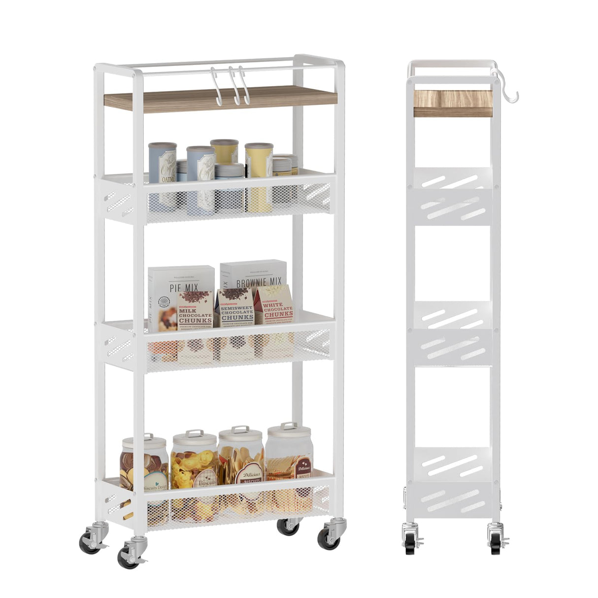 DGSNADGO Slim Rolling Storage Cart, 4-Tier Kitchen Cart on Wheels, Narrow Utility Cart with Handle and Wooden Tabletop for Small Space in Kitchen, Living Room, Bathroom, Laundry Room, Beige and White DGSANDGO