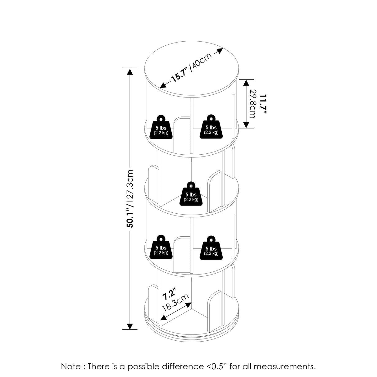 Furinno DALY Rotating Bookshelf Tower, 4-Tier 360 Display Book Shelf, Lazy Susan Revolving Bookshelf, Organizer Bookcase, 15.5 x 15.5 x 50, for Living Room, Bedroom, Home Office, White Furinno