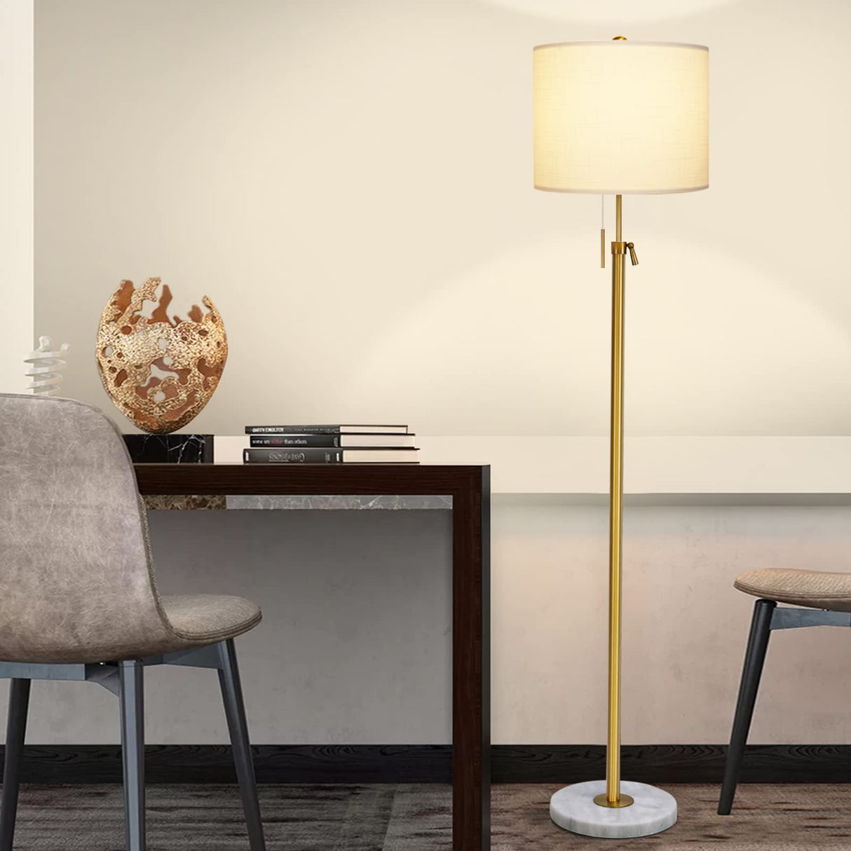 Modern Floor Lamp for Living Room, Adjustable Height Standing Lamp with Marble Base, 3-Way Dimmable Gold Brass Tall Pole Light with White Linen Shade for Reading, Bedroom, Chain Switch, Bulb Included Qingmiao
