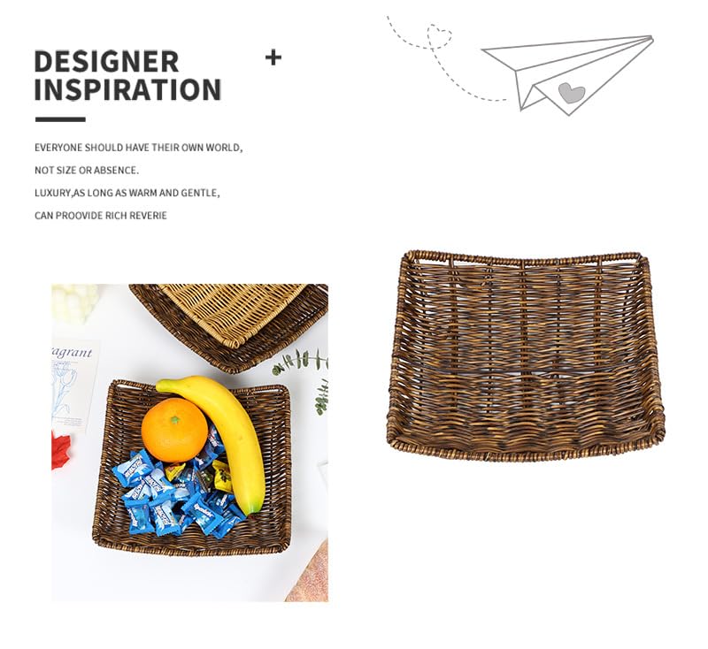 PGYXGS 1X Rattan Bread Basket Square Plastic Wicker Fruit Serving Storage Bowl, Woven Decorative Kitchen Counter Organizing for Bakery Snacks Candy Restaurant 20*20CM - Brown PGYXGS