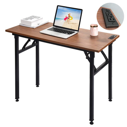 Frylr Small Folding Computer Desk 31.5''LX 15.7''X 29'' with 2 Power Sockets and 2.1A USB Charging Ports, Home Office Desk Portable Writing Desks for Small Space, Foldable Desk, Walnut - WoodArtSupply