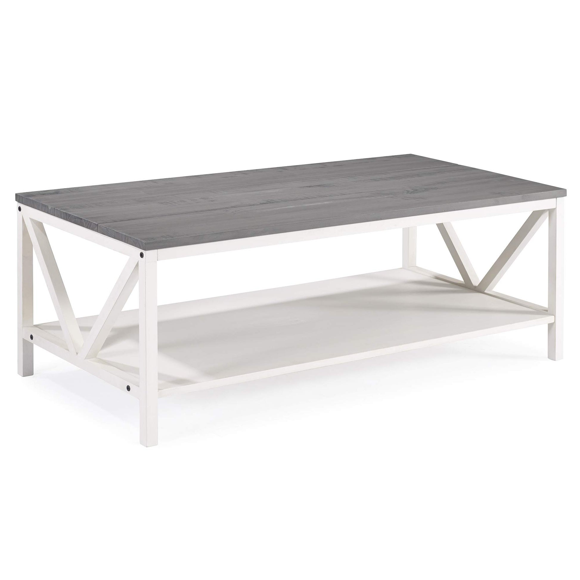 Walker Edison Modern Farmhouse Distressed Wood Rectangle Coffee Table Living Room Ottoman Storage Shelf, 49 Inch, Grey and White - WoodArtSupply