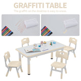 DOREROOM Toddler Table and Chairs Set for 4, 47.2''L x 23.6''W Kids Study Table and Chair Set, Height-Adjustable, Graffiti Desktop, Children Activity Table for Daycare, Classroom, Home DOREROOM