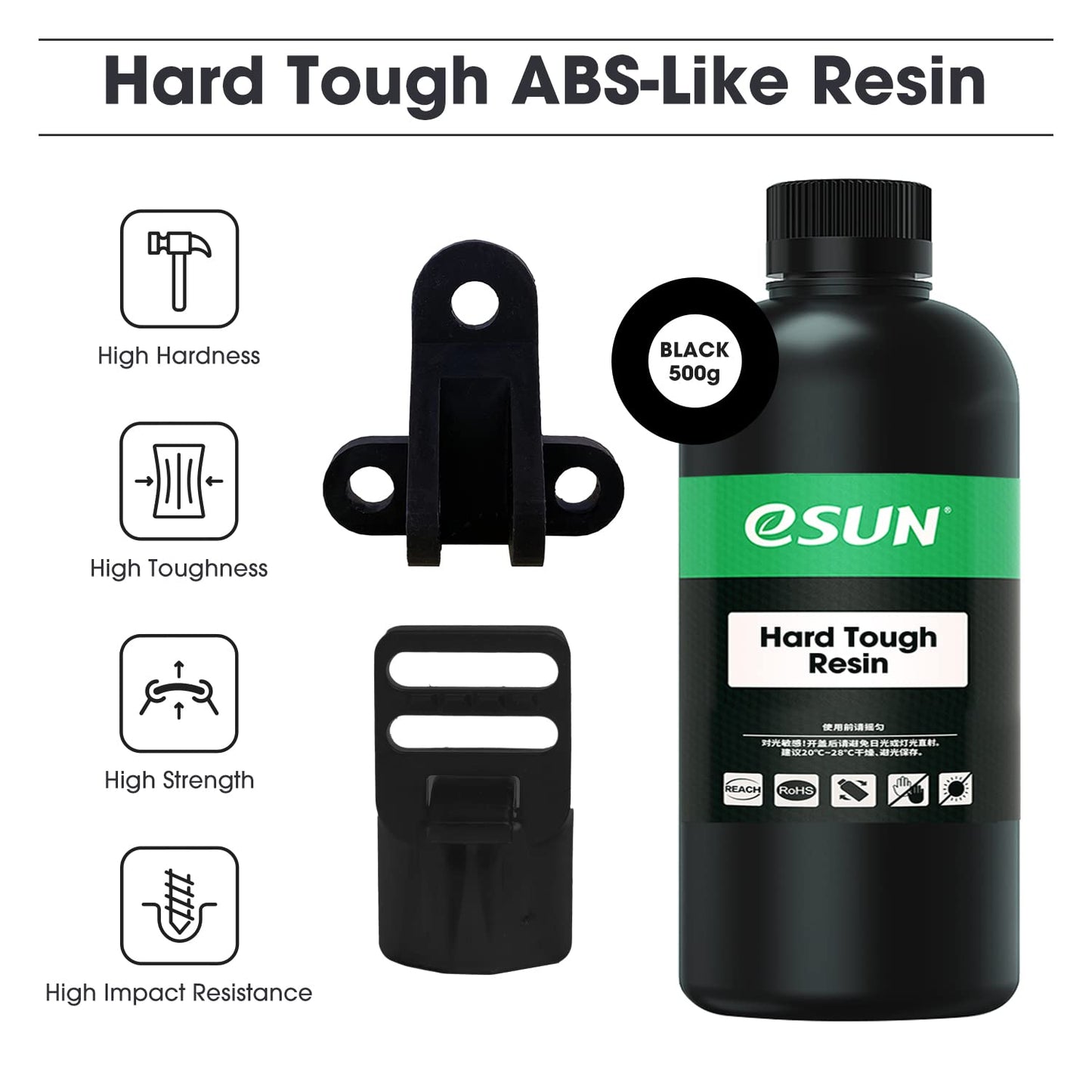 eSUN 405nm LCD 3D Printer Rapid Resin UV Curing Resin ABS-Like Rapid Resin Hard Tough Resin High Impact High Tough Photopolymer Resin for Photon UV Curing LCD 3D Printer, Plastic Bottle, 500g Black