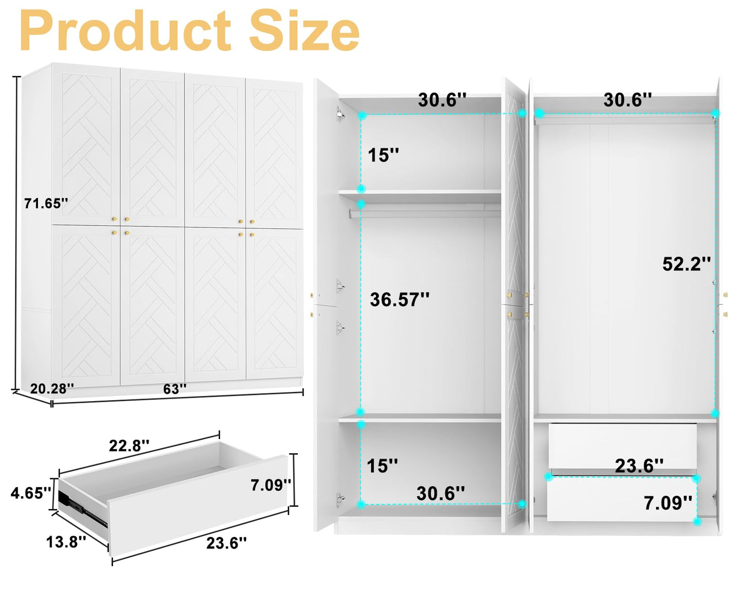 63" Wide Armoire Wardrobe Closet, 4 Door 2 Drawers Large Storage Cabinet, Wooden Organizer with 2 Shelves and 2 Hanging Rods 63 "L x 20.28 "W x 71.65 "H White