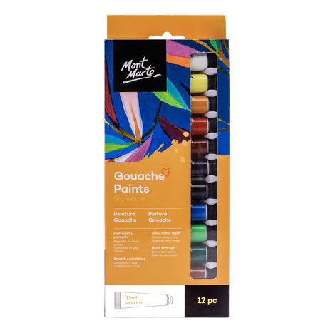 Mont Marte Signature Gouache Paint, 12 x 0.4oz (12ml), Semi-Matte Finish, 12 Colors, Suitable for use with Canvas, Watercolor Paper, Watercolor Paints and Mixed Media Mont Marte