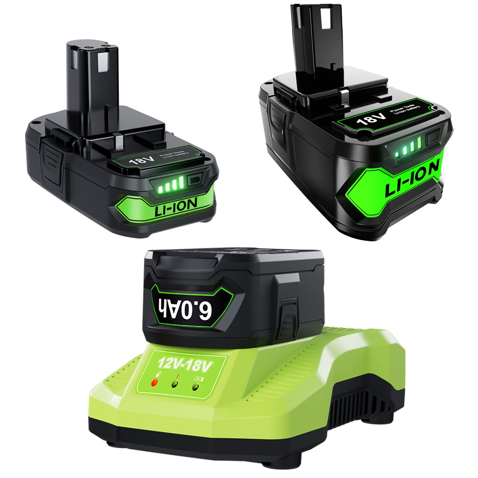 2Pack 18V Battery and Charger for Ryobi Lithium-ion 3.0Ah+6.0Ah P102 Battery Replacement and P117 Charger Compatible with Ryobi 18Volt ONE+ Plus P102 P107 P108 P189 Battery and 260051002 P118 - WoodArtSupply