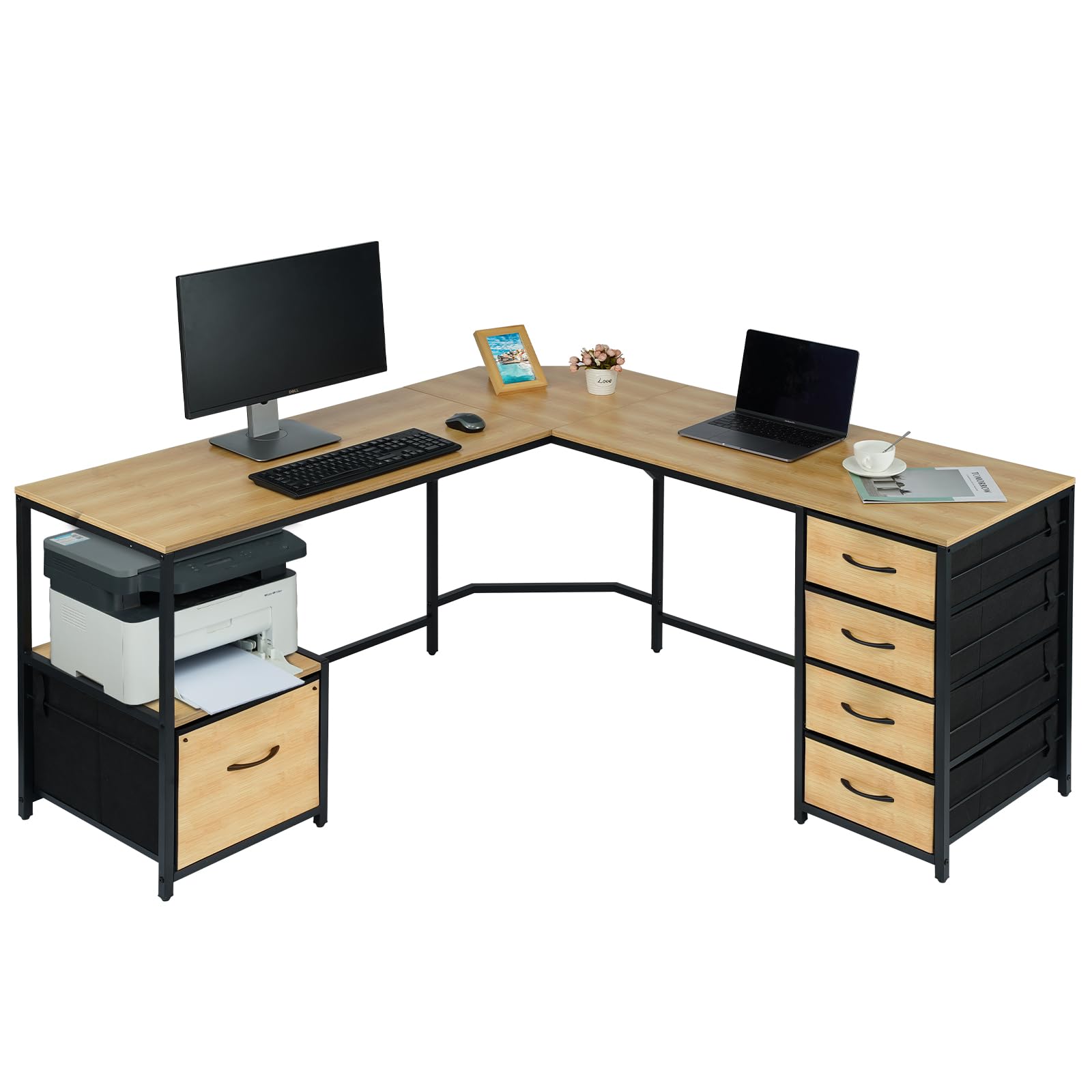 TOPSKY L-Shaped Desk Corner Computer Desk with 18.9" Depth Workstation, Cloth File Cabinet for Letter Size File Folder and 4 Cloth Storage Cabinets (Bamboo, 59 * 59 inch) - WoodArtSupply