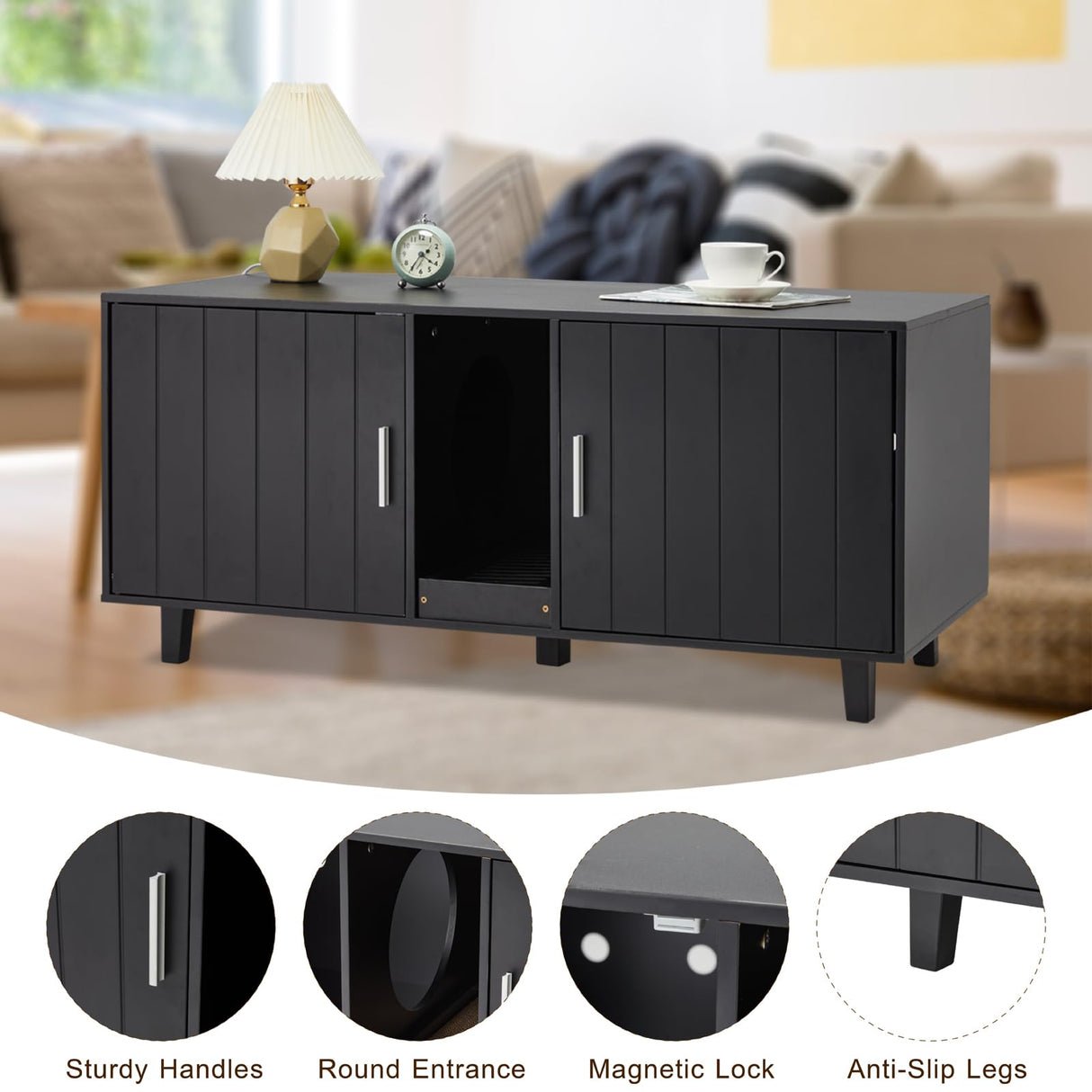 YDTOP Cat Litter Box Enclosure for 2 Cats, Double Hidden Litter Box Furniture with Scratcher, Large Wooden Cat House, Black YDTOP