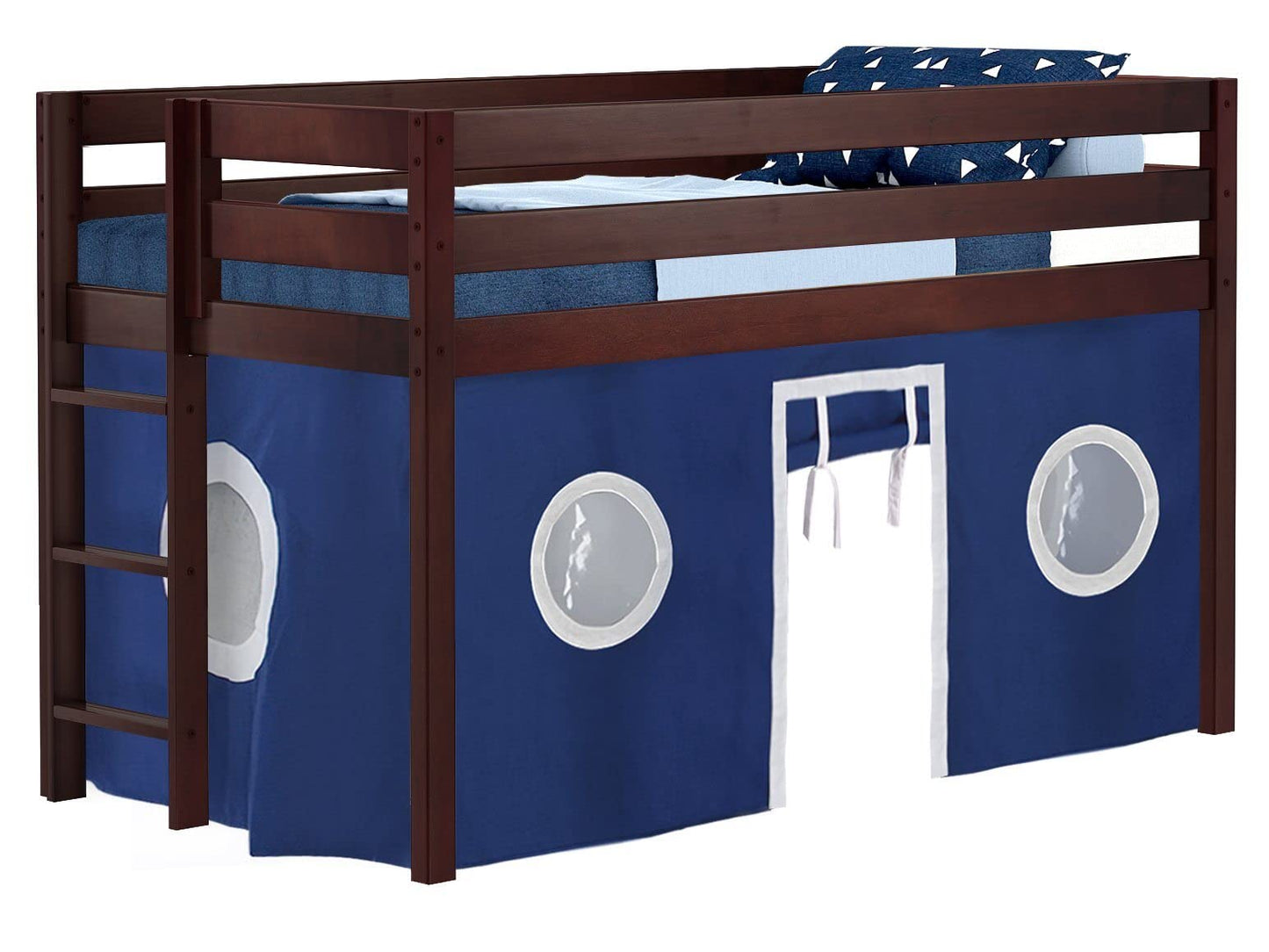 JACKPOT! Contemporary Low Loft Twin Bed with End Ladder, Cherry with Blue & White Tent