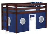 JACKPOT! Contemporary Low Loft Twin Bed with End Ladder, Cherry with Blue & White Tent JACKPOT!