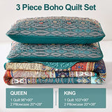 WONGS BEDDING Boho Queen Quilt Set, Green and Brown Bohemian Queen Quilt Bedding Set, Lightweight Microfiber Bed Decor Bedspread for All Season 96"x90"(3 Pieces) WONGS BEDDING