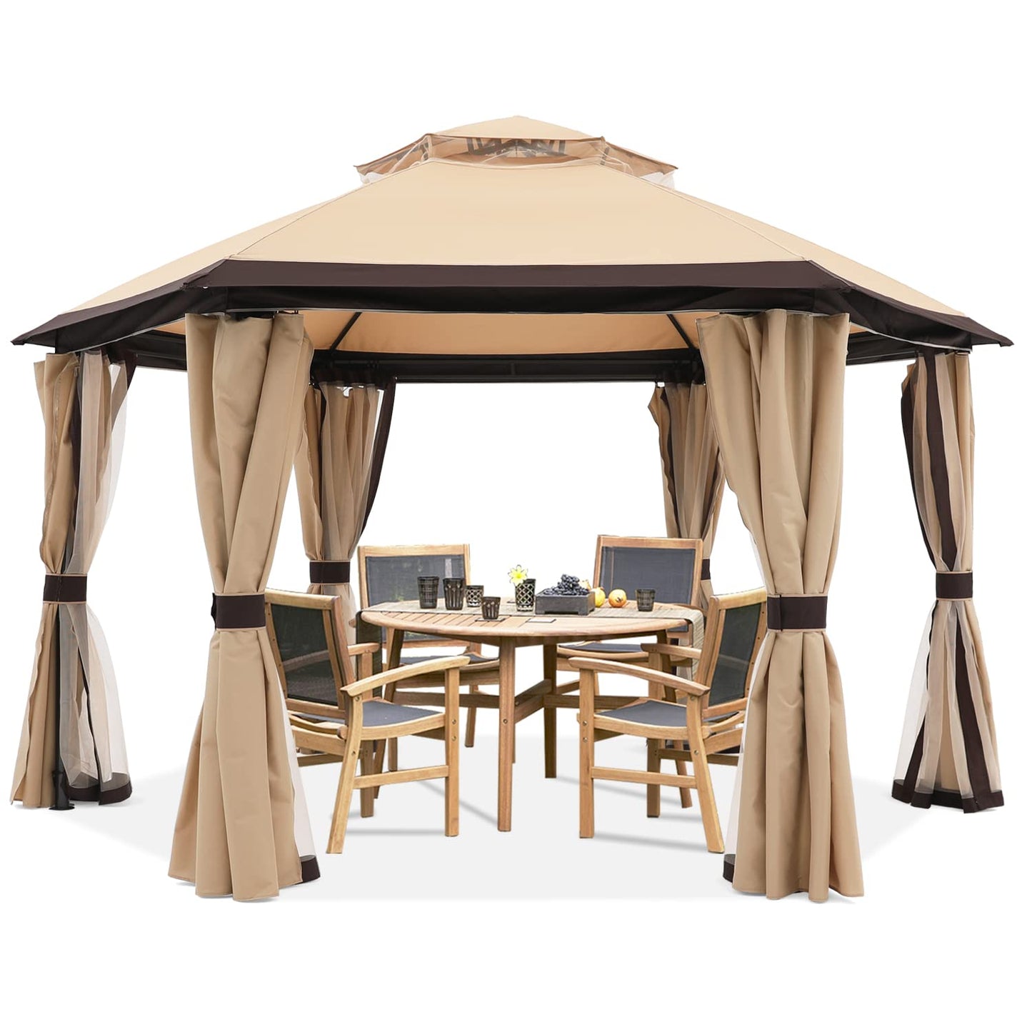 10'x10' Gazebos for Patios Outdoor Hexagonal Gazebo with Netting and Privacy Curtains by ABCCANOPY Beige