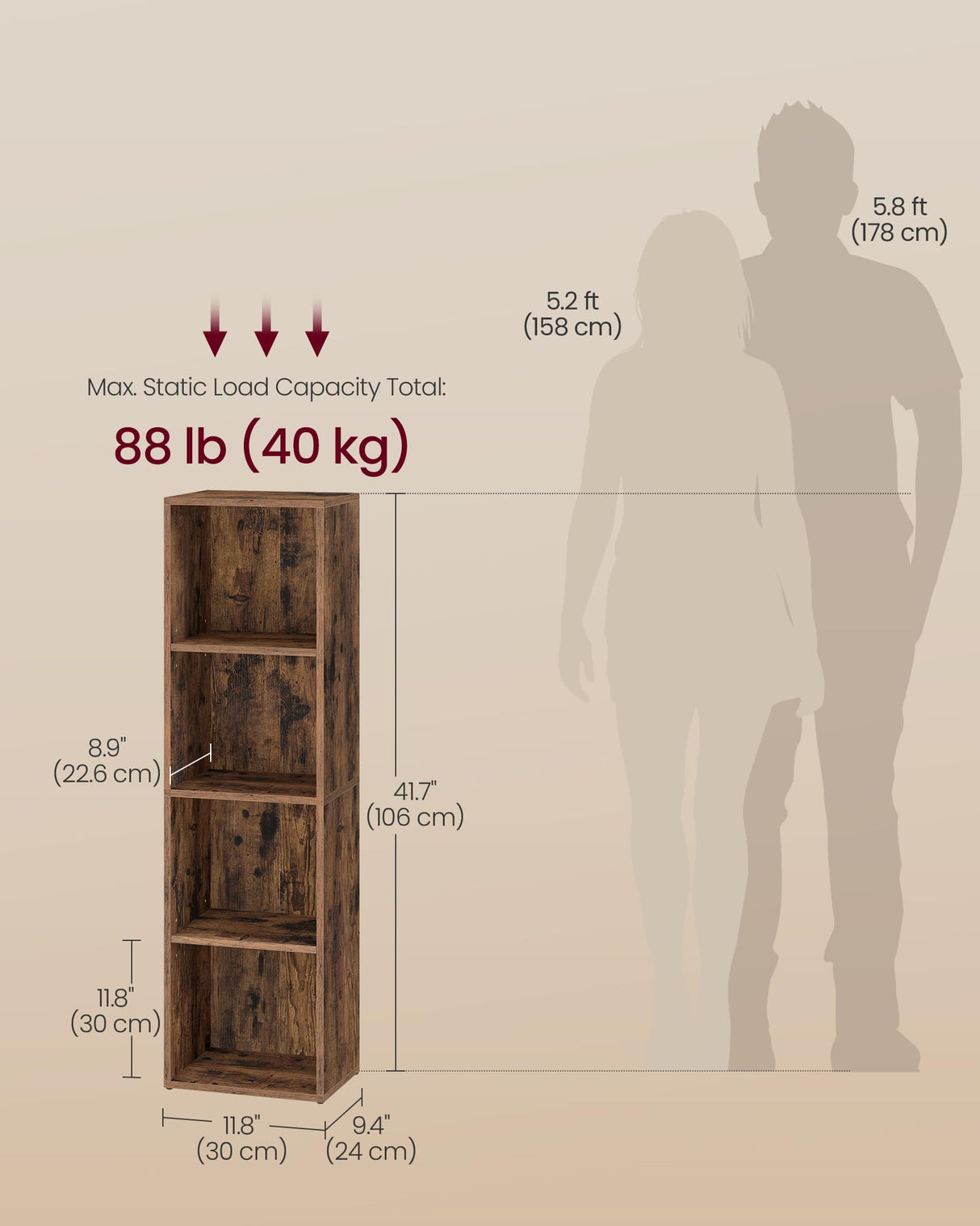 VASAGLE Custos Collection - Bookshelf, 4-Tier Bookcase, Book Shelf, Open Storage Shelf, 9.4 x 11.8 x 41.7 Inches, for Living Room, Home Office, Dining Room, Rustic Brown ULBC434K01 VASAGLE