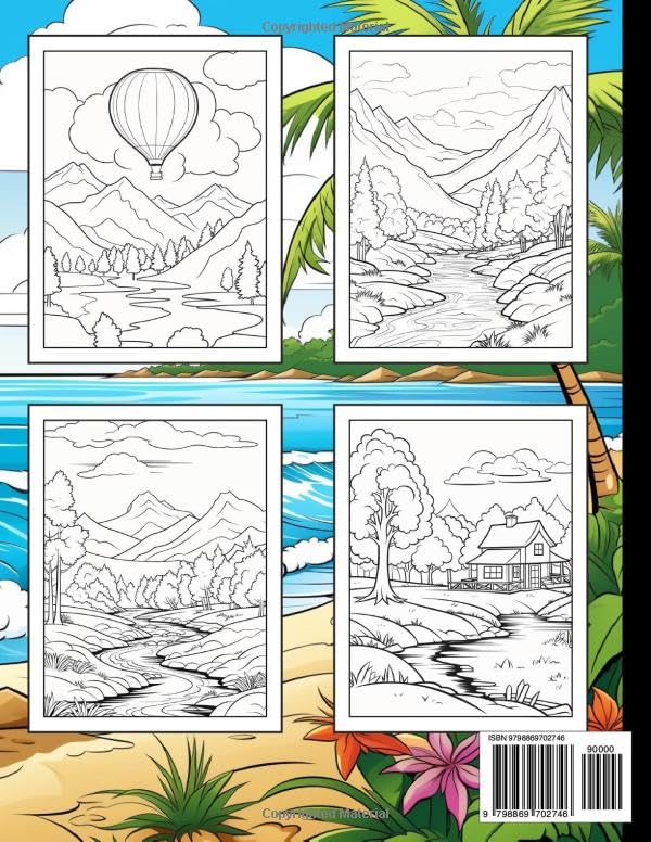 Landscapes Coloring Book For Kids: Large print nature colouring book with relaxing landscapes for boys and girls ages 4-8, 8-12 / 50 Beautiful designs for stress relief WoodArtSupply