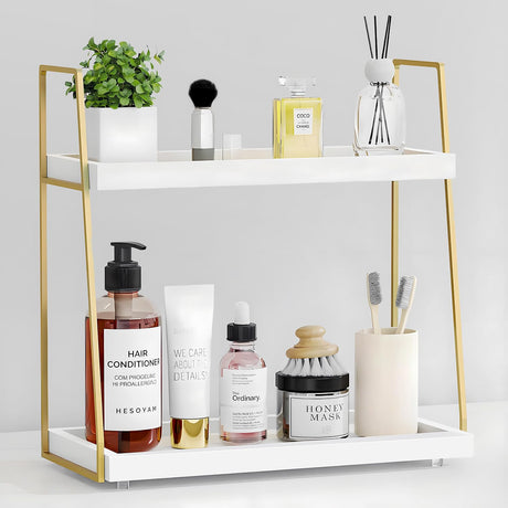 2087 Bathroom Countertop Organizer, Counter Organizer for Bathroom Sink, Wooden Vanity Shelf for Makeup Storage, 2 Tier Stand Bathroom Tray for Perfume, Lotion Bottle, Toiletries, Plants 2087