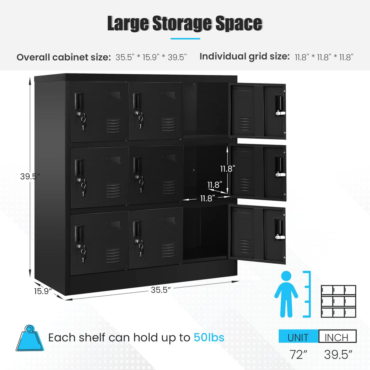 Greenvelly 9 Door Storage Locker for Employee, Metal Locker for Office, Gym, Shool, Lockable Black Steel Locker with Lock and Card Slot for Home,Garage Greenvelly