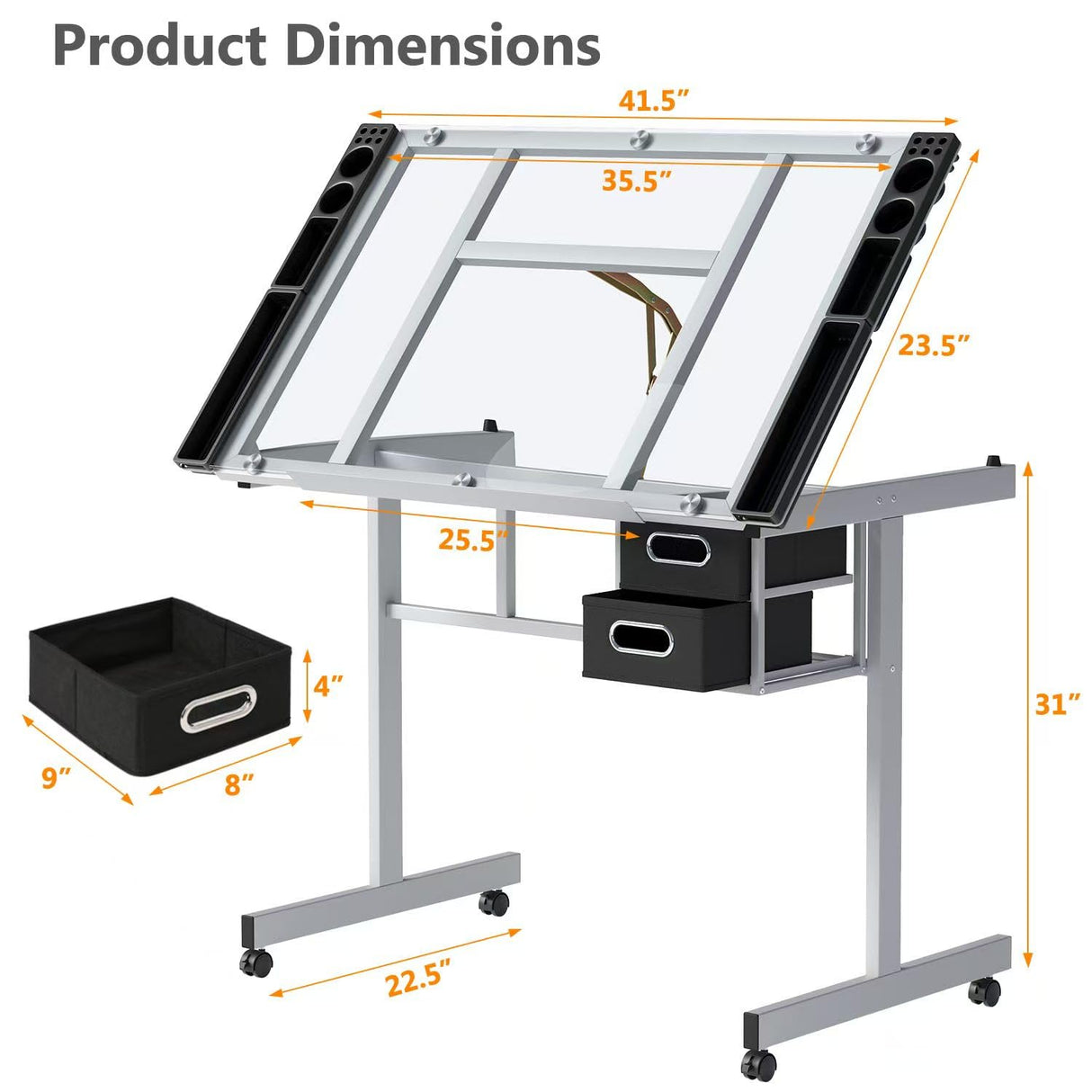 OS MOTOR Adjustable Drafting Table with Glass Top, Art Craft Desk with Slide-Out Drawers, Rolling Wheels, Storage, for Drawing, Writing, Painting, and Creative Tasks, Ideal for Home Office OS MOTOR