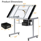 OS MOTOR Adjustable Drafting Table with Glass Top, Art Craft Desk with Slide-Out Drawers, Rolling Wheels, Storage, for Drawing, Writing, Painting, and Creative Tasks, Ideal for Home Office OS MOTOR