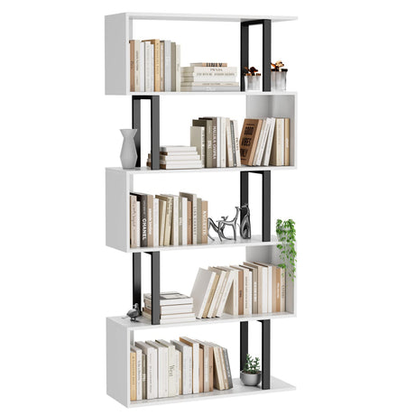 Gadroad 5 Tier Geometric Bookcase,S Shaped Bookshelf, Wood Decorative Storage Shelving, Modern Freestanding Display Shelves, Tall Book Shelf Unit for Living Room Bedroom, White Gadroad