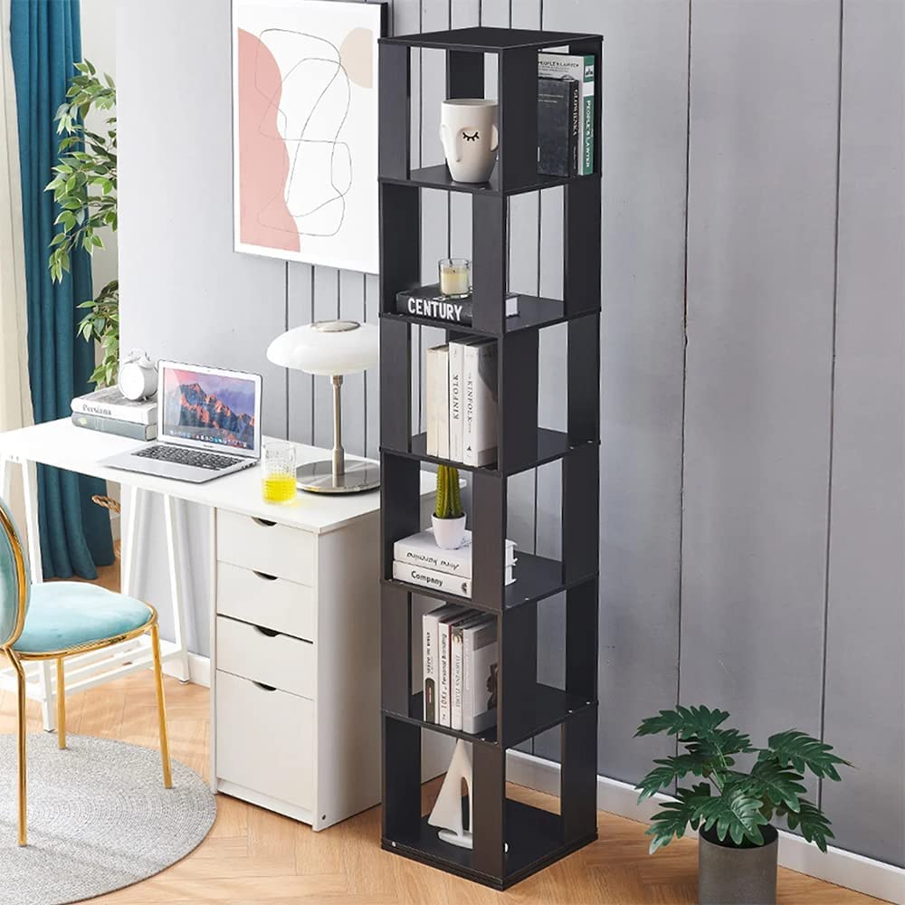 Rotating Bookshelf,6 Tier 360 Floor Standing Revolving Bookcase Storage Rack,Wood Narrow Bookshelf for Small Space,Corner Book Shelf Organizer for Bedroom, Living Room (Black)