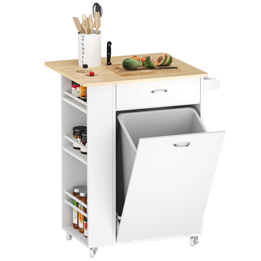 FiveWillowise Kitchen lsland with Drop Leaf - Trash Cabinet Tilt Out 10 Gallon Storage, Portable Cart with Rubberwood Top, Spice Rack, and Drawers for Dining Room, White