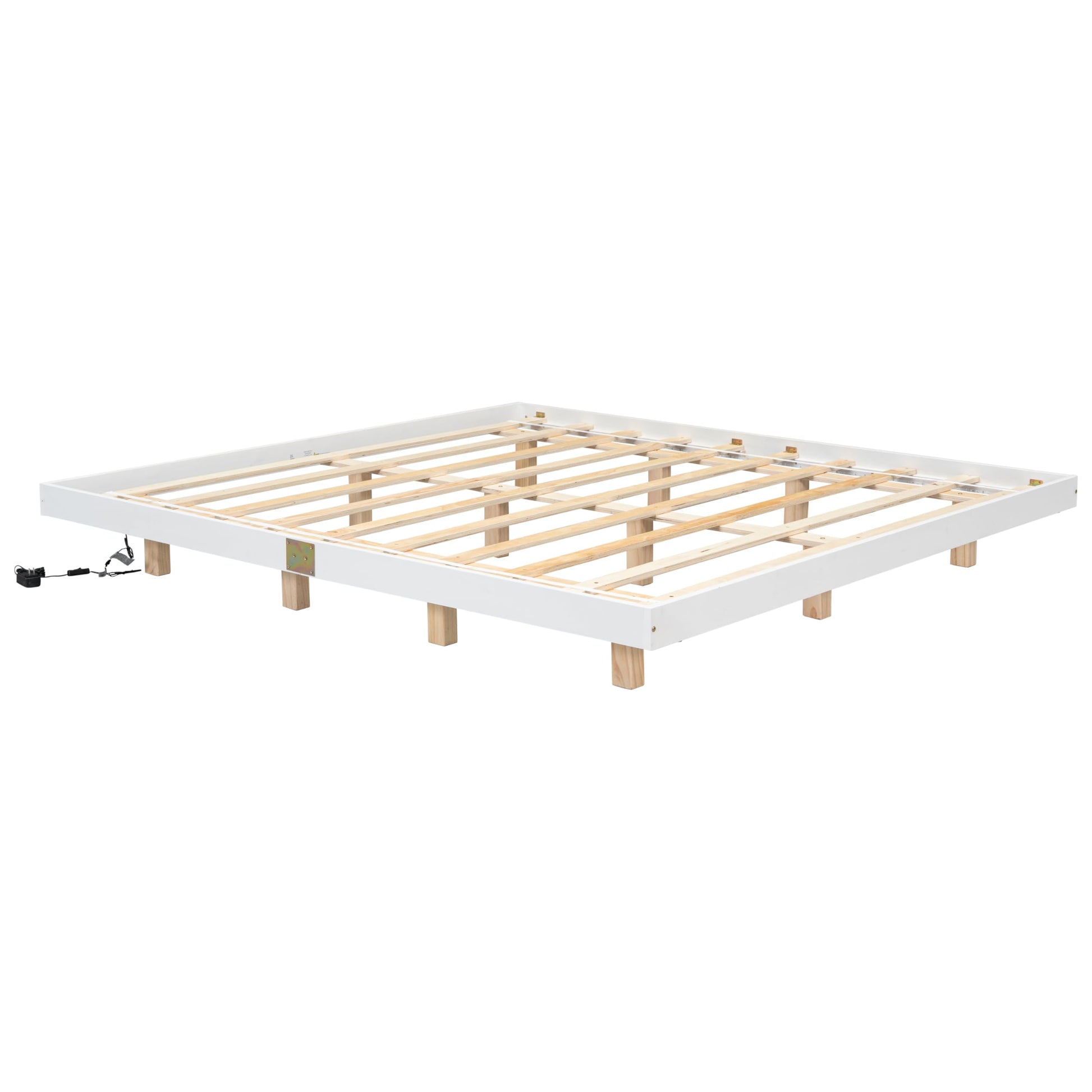 King Size Modern Floating Bed with LED Lights and Slats Support in White - WoodArtSupply