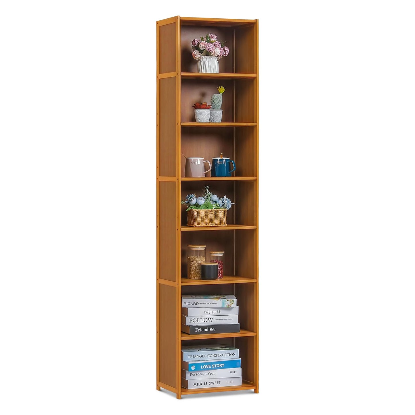 BRIGHTORIA 7 Tier Bookshelf, Bamboo Tall Free-Standing Space-Saving Narrow Bookcase for Living Room, Study, or Home Storage and Display