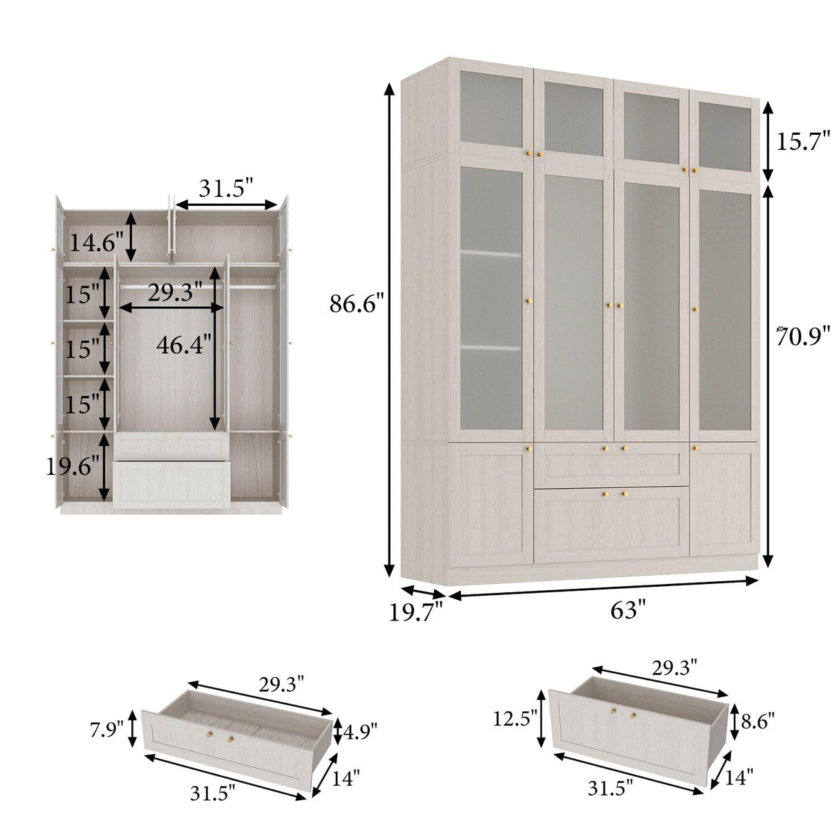 TAMUNE 4 Door Wardrobe Armoire Closet with Hanging Rods & 2 Drawers, Bedroom Armoire with Frosted Glass Doors, Top Cabinets & Gold Knobs, Wood Grain, 19.9”D x 63”W x 86.6”H TAMUNE