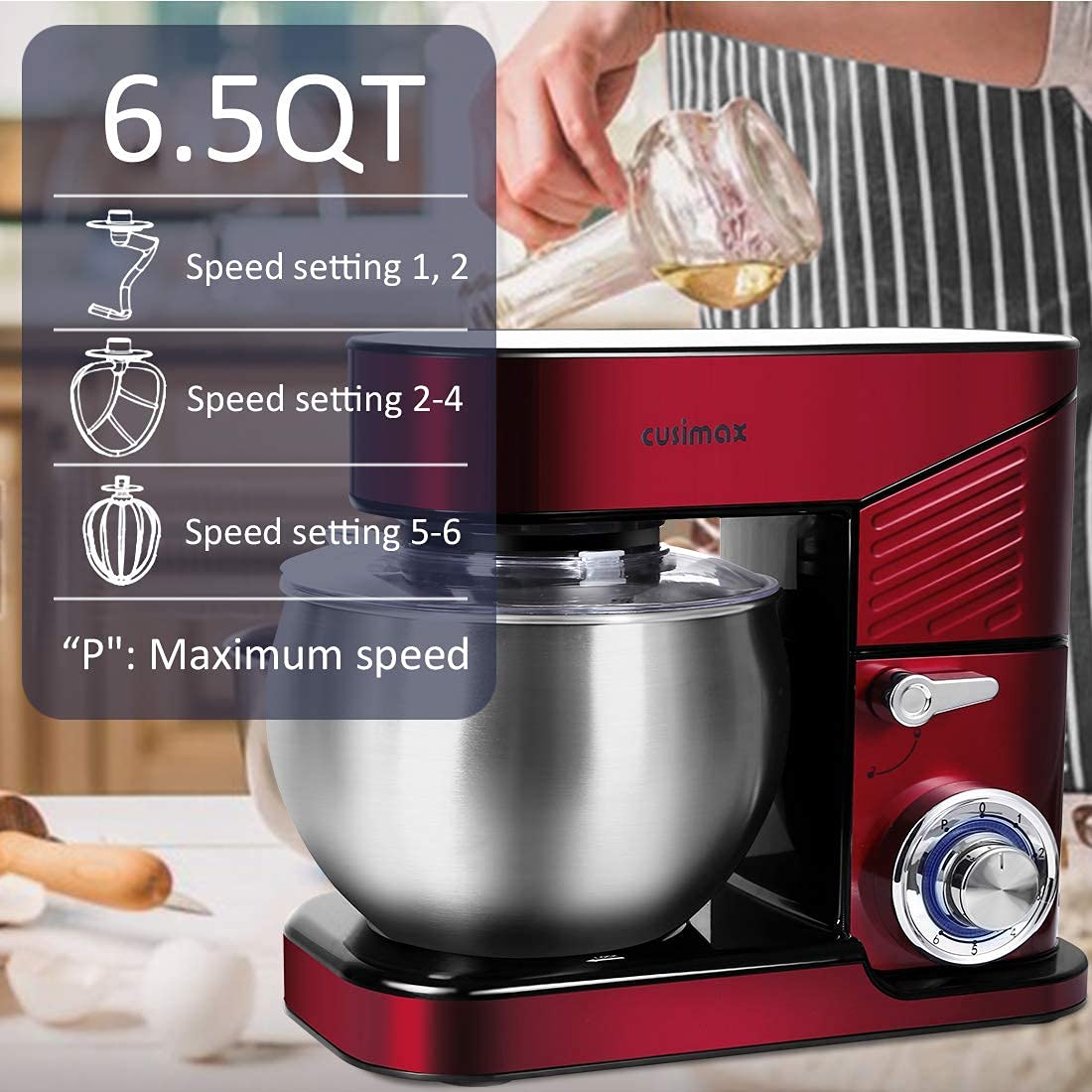 Stand Mixer, CUSIMAX 6.5QT Stainless Steel kitchen Electric Mixer 6-Speeds Tilt-Head Dough Mixers for Home Use with Dough Hook, Wire Whisk & Flat Beater, Splash Guard, Red CUSIMAX