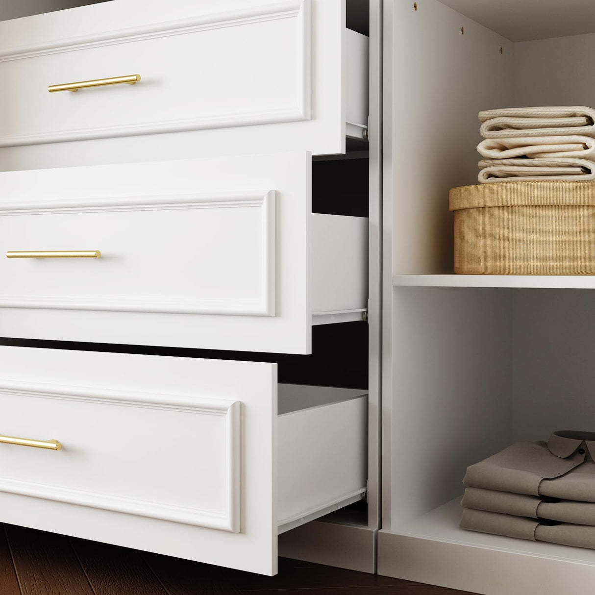 FUFU&GAGA Wardrobe Closet Collection with Doors, Modern White Bedroom Armoire System with Gold Handles, Modern Clothes Storage Cabinet with Drawers, Shelves, Hanging Rods, 79.1”W x 19.3”D x 74.8”H FUFU&GAGA