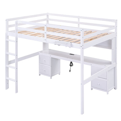 Full Size White Loft Bed with Desk, Drawers, Shelves, and Charging Station - WoodArtSupply