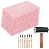 FVIEXE 8PCS 4x6 Inch Linoleum Carving Blocks for Printmaking, Rubber Linocut Block Stamp Making Kit with Wood Carving Tools and Rubber Brayer Roller, Soft Stamp Carving Kit for DIY Crafts FVIEXE