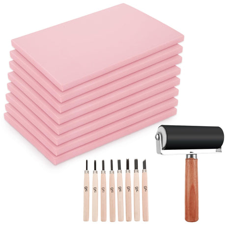 FVIEXE 8PCS 4x6 Inch Linoleum Carving Blocks for Printmaking, Rubber Linocut Block Stamp Making Kit with Wood Carving Tools and Rubber Brayer Roller, Soft Stamp Carving Kit for DIY Crafts FVIEXE