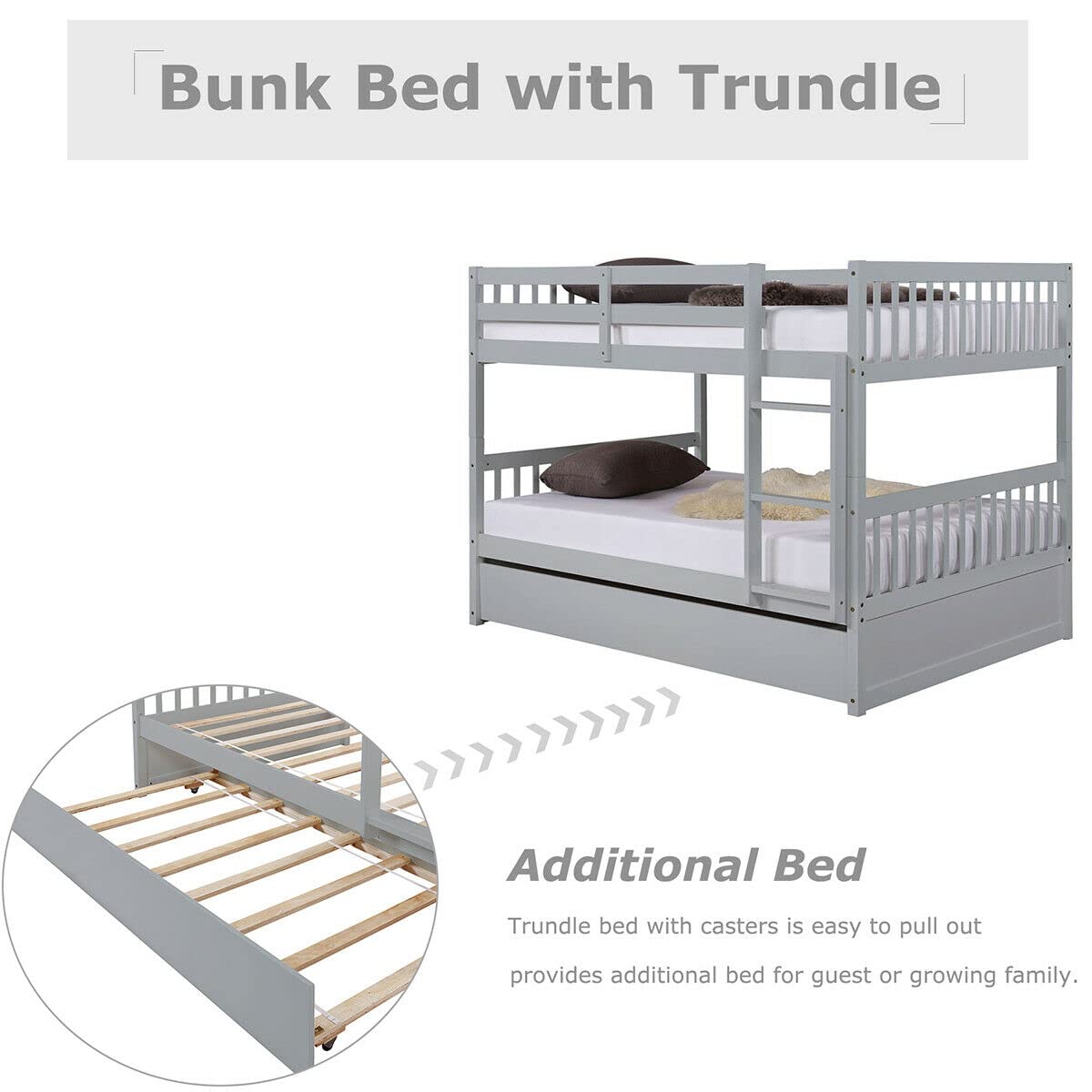 WIILAYOK Full Over Full Bunk Bed with Trundle, Convertible to 2 Full Size Platform Bed, Full Size Bunk Bed with Ladder and Safety Rails for Teens, Adults, Grey WIILAYOK
