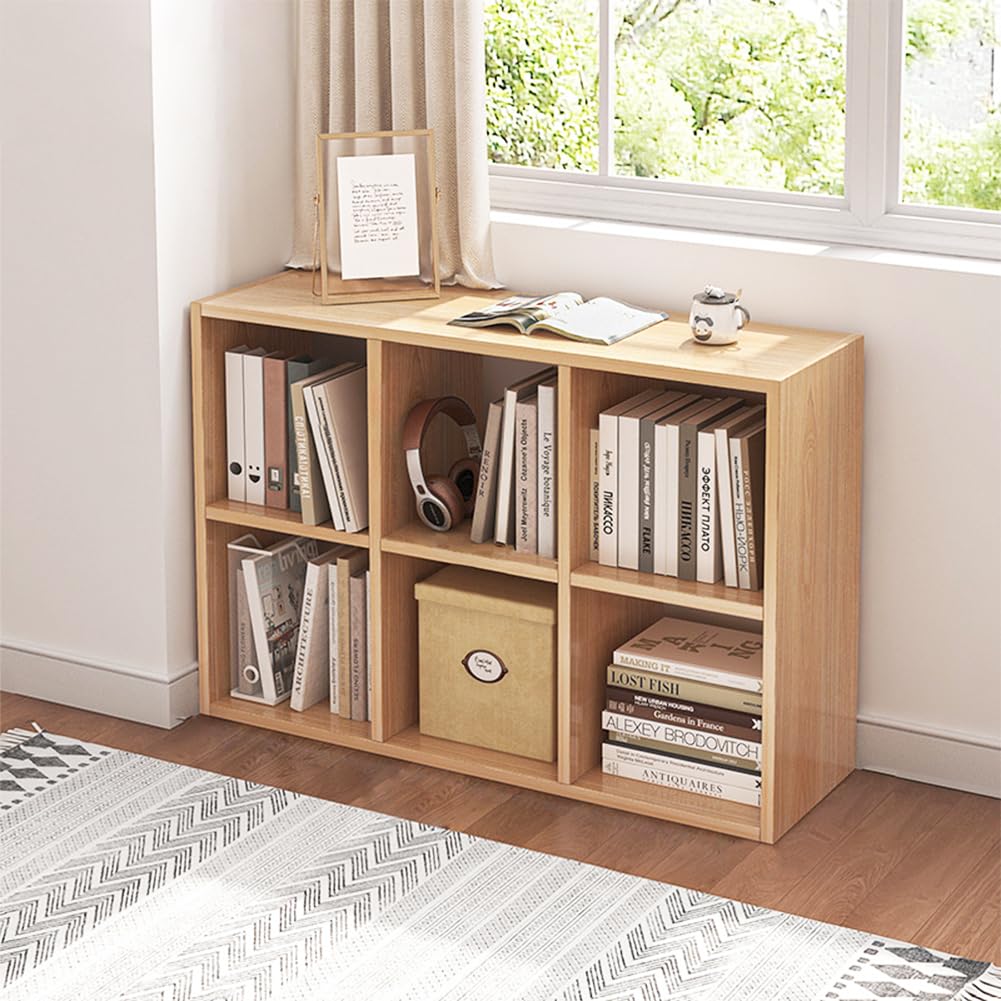 NELYE 6 Cube Organizer Bookcase - Fabric Storage Bins Container, Open Shelf Simple Compartments Bookshelf, Oak NELYE