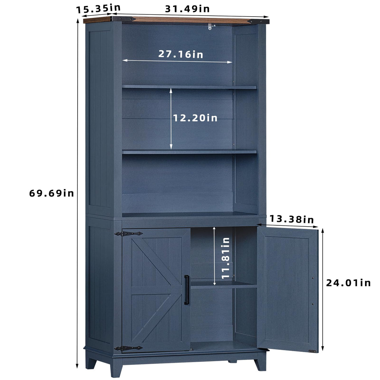 Joaxswe 70in Tall Bookshelf 5 Tier Bookcase with Barn Doors and Adjustable Shelves, Blue Farmhouse Book Shelf with Storage Cabinet, Wood Freestanding Display Bookshelves for Bedroom, Living Room Joaxswe