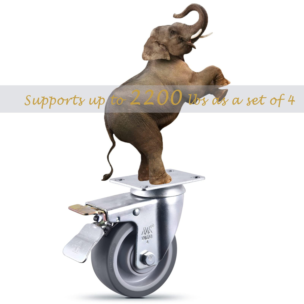 4 Inch Castets Set of 4 Heavy Duty Caster Wheels with Brake 2200Lbs Swivel Rigid TPR Rubber Wheel Silent Castor Locking Industrial Plate Casters Wheels for Cart Furniture Workbench, 2 Fixed & 2 Brake VM VIMA