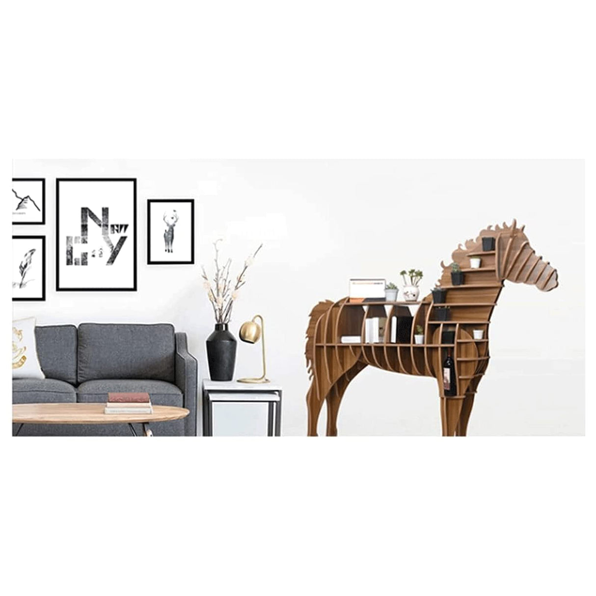 Rieort Fashion Bookshelf Solid Wood Bookshelf Horse Shaped Bookcase Creative Storage Display Cabinet Bookshelves Large Capacity Design Rack Bookcase not Shaking Rieort