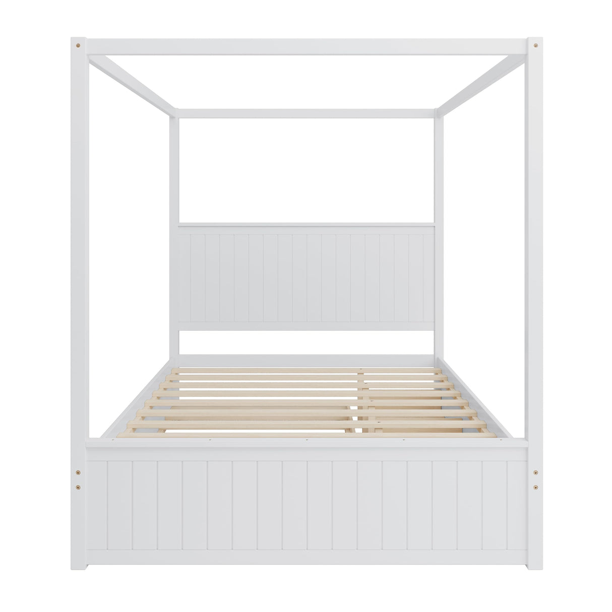 Canopy Bed Frame with Headboard and Storage Queen Size, Modern Adults Solid Wood Platform Bed Queen with Trundle, Drawers and Four Poster, Wood Slats Support, White Merax