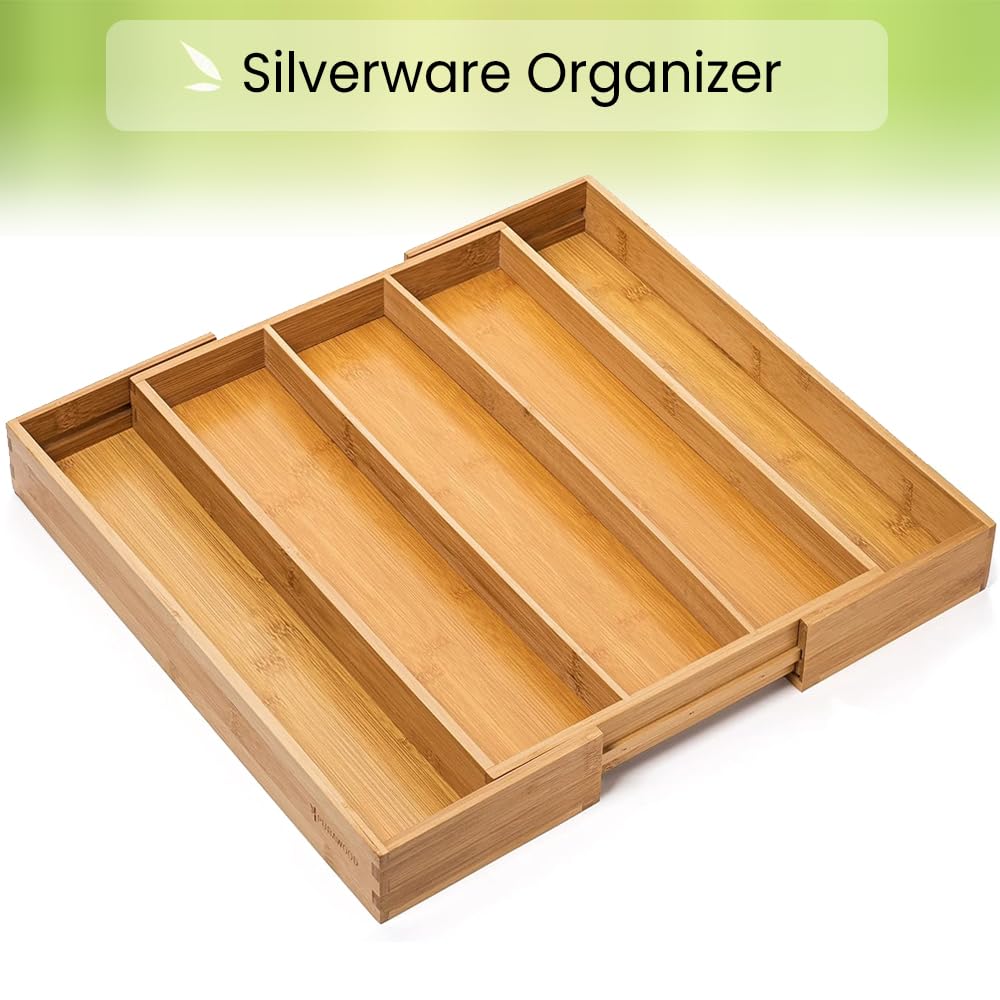 Purawood Kitchen Drawer Organizer - Expandable Utensil Drawer Organizer for Kitchen, Cutlery Tray & Silverware Drawer Organizer, 3-5 Slots - Bamboo Drawer Organizer for Utensils & Flatware (Natural)