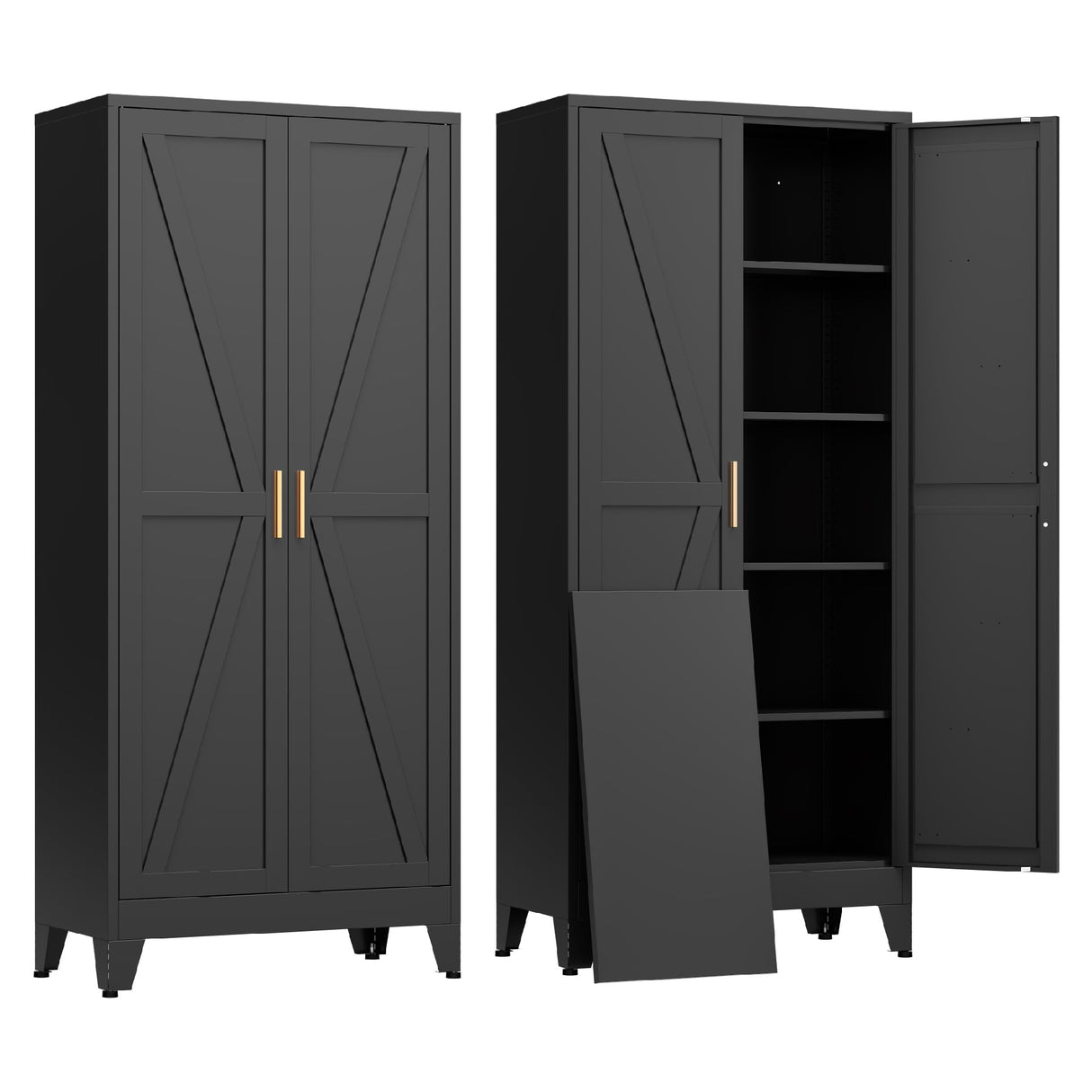 COFaR Black Farmhouse Storage Kitchen Pantry Cabinet with 2 Barn Door, 4 Adjustable Shelves and Legs, for Cupboard/Dining Room/Bathroom/Living Room/Office/Laundry Room (Black, 71" Farmhouse) COFaR