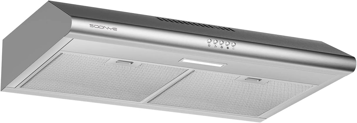 SOONYE 30 inch Stainless Steel Under Cabinet Range Hood, Slim Kitchen Vent Hood Ducted/Ductless Convertible with 3 Speed Controls, 5-Layer Aluminum Filters,LED Lights Soonye