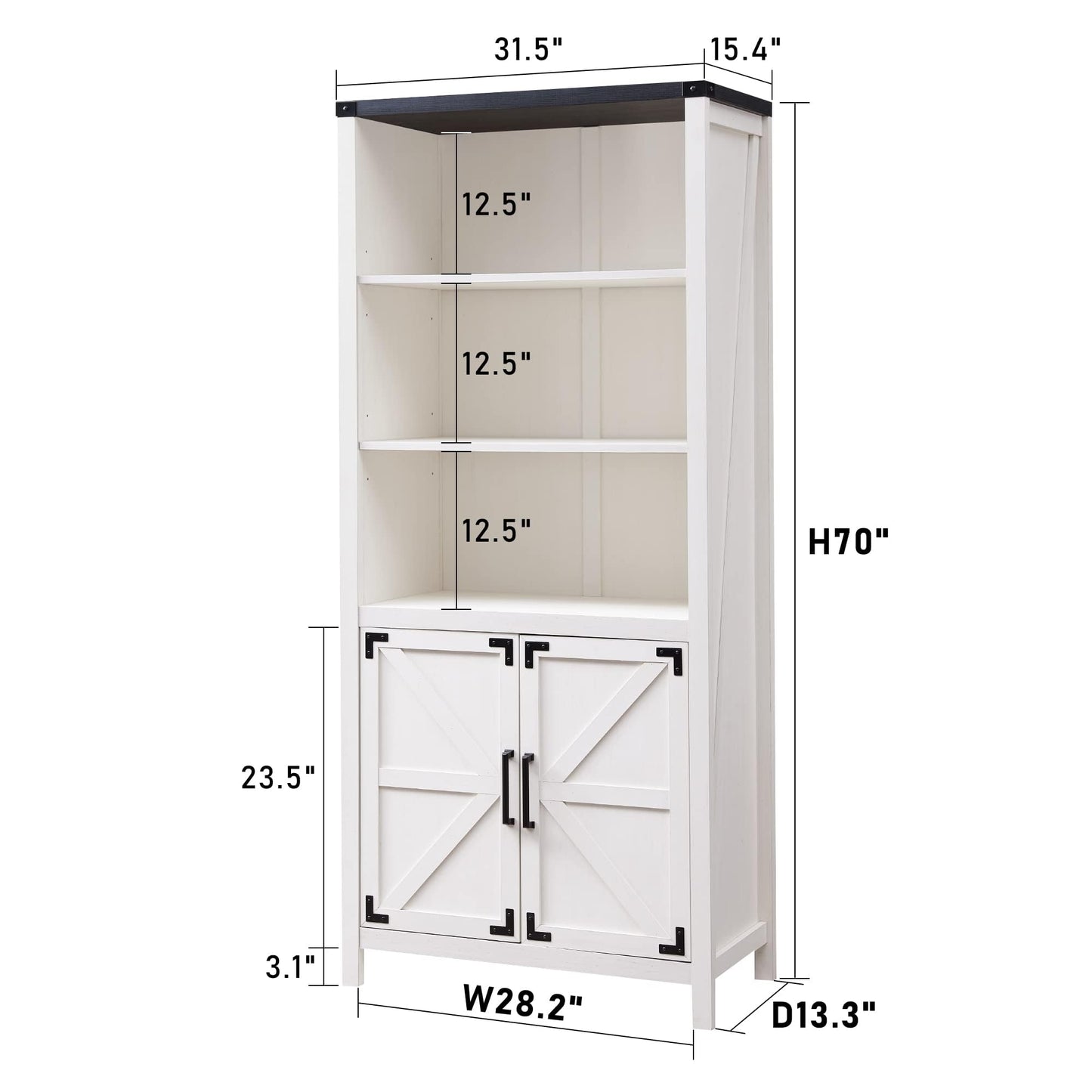 JXQTLINGMU 70" White Farmhouse 5-Tier Bookshelf with Adjustable Shelves and Barn Door Storage - WoodArtSupply