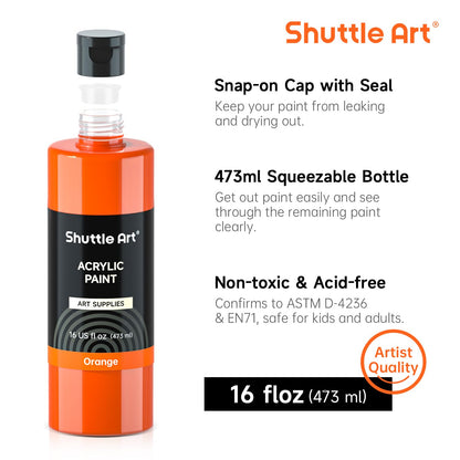 Shuttle Art Acrylic Paint, 15 Colors Acrylic Paint Large Bottle Set, 473ml/16oz Each, Rich Pigments, High Viscosity, Bulk Paint for Artists, Beginners and Kids on Rocks Crafts Canvas Wood Cer - WoodArtSupply