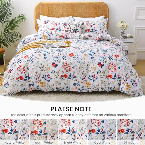 Mooreeke Duvet Cover Full Size, 3 Piece Blue and Red Flower Duvet Cover Set with Zipper Closure, Soft & Breathable Botanical Patterned Microfiber Bedding Set with 4 Corner Ties and 2 Pillow Shams Mooreeke