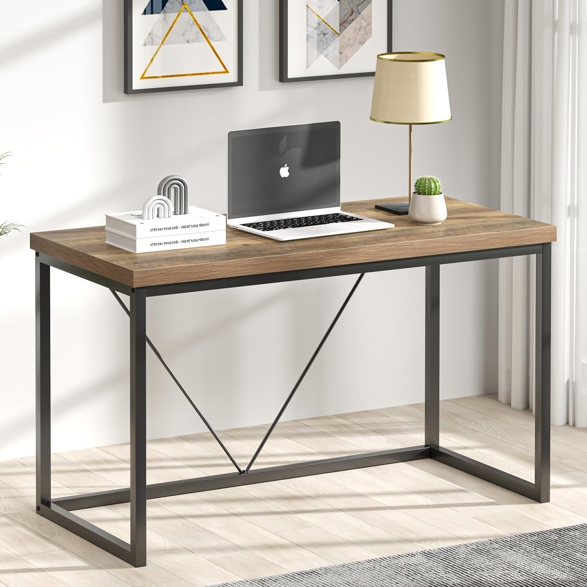 FOLUBAN Modern Home Office Desk, Rustic Wood and Metal Computer Desk, Industrial Study Writing Gaming Table Workstation, Vintage Laptop PC Desk, Oak 47 Inch FOLUBAN